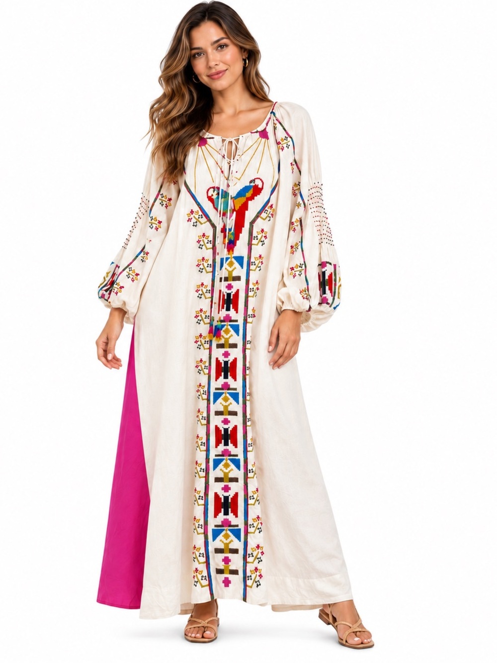 Farm Rio Macaw Embroidered Maxi Dress Ivory Multicolor Boho Balloon Sleeve SZ M